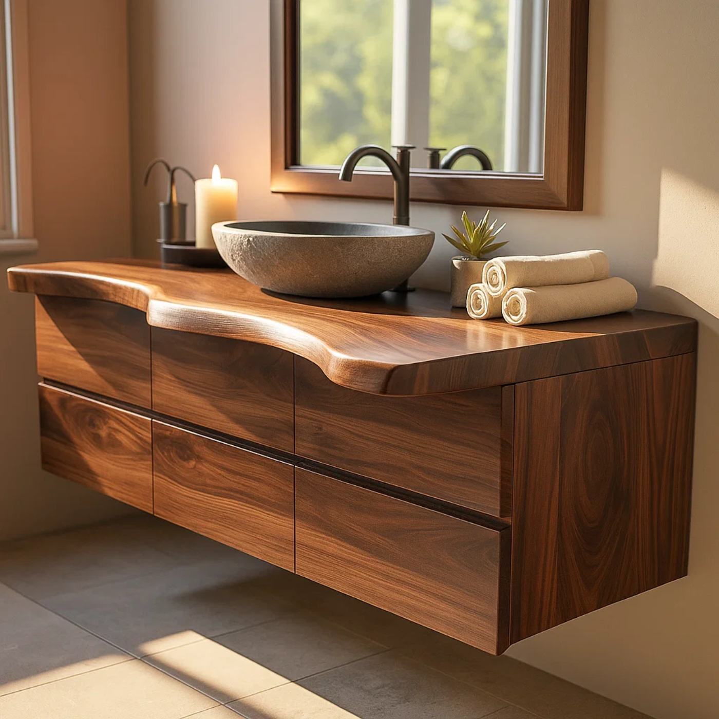 Luxury Solid Walnut Floating Bathroom Vanity with Sculpted Live Edge Countertop and Soft-Close Drawers