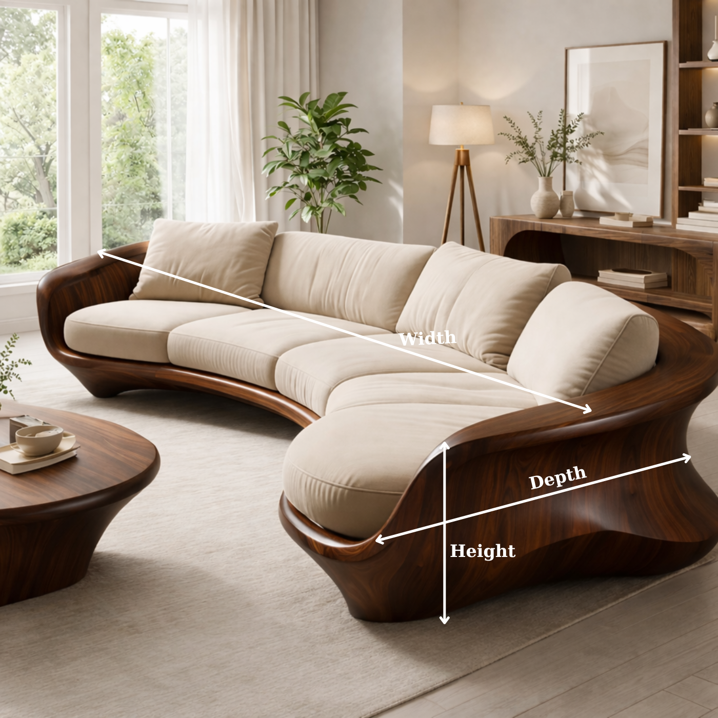 Curved Solid Wood Sofa with Sculptural Frame – Luxury Modern Organic Design