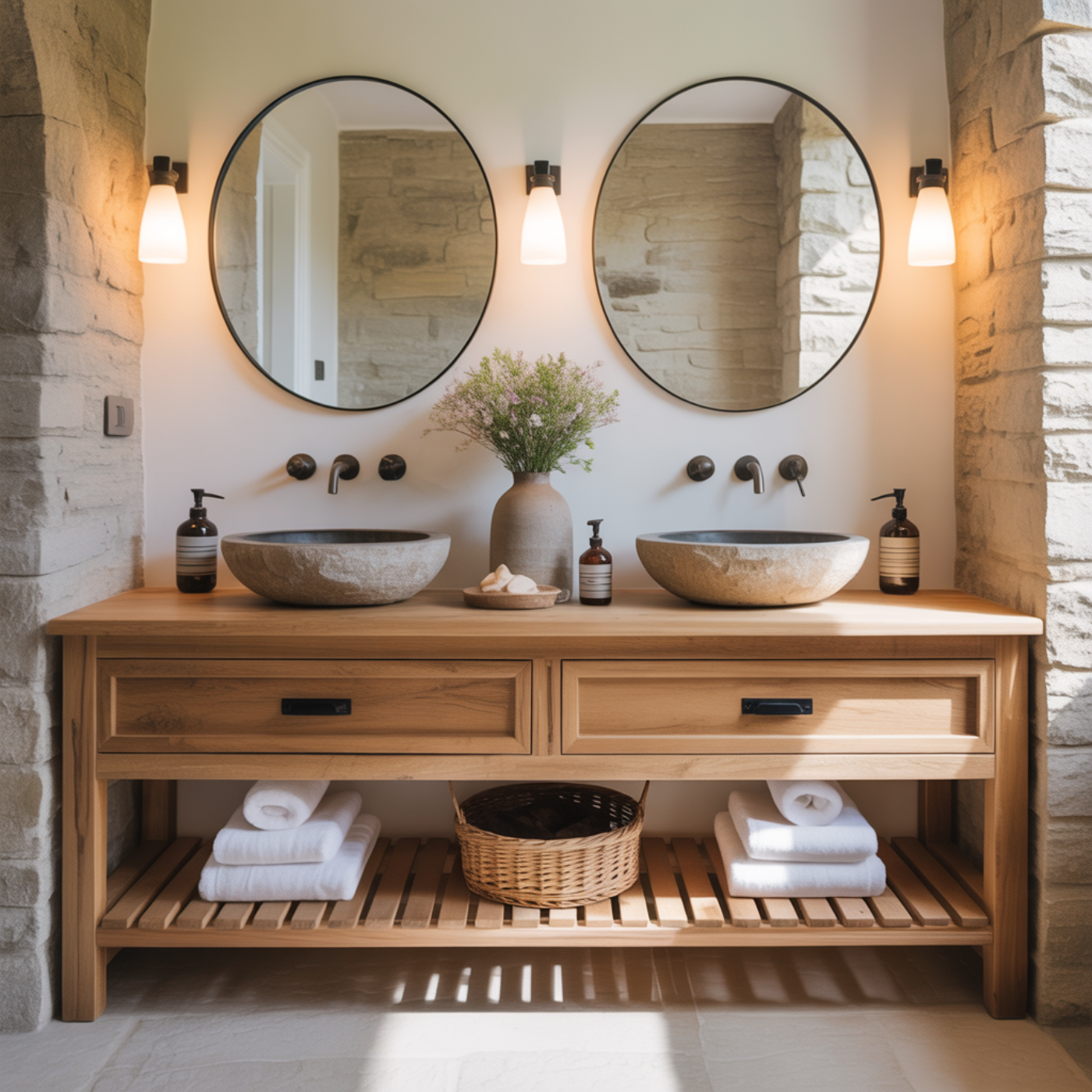 Rustic Solid Wood Double Bathroom Vanity with Open Slatted Shelf