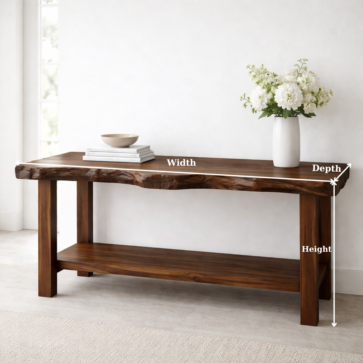 Solid Wood Console Table with Live Edge Top – Rustic Entryway & Sofa Table with Shelf