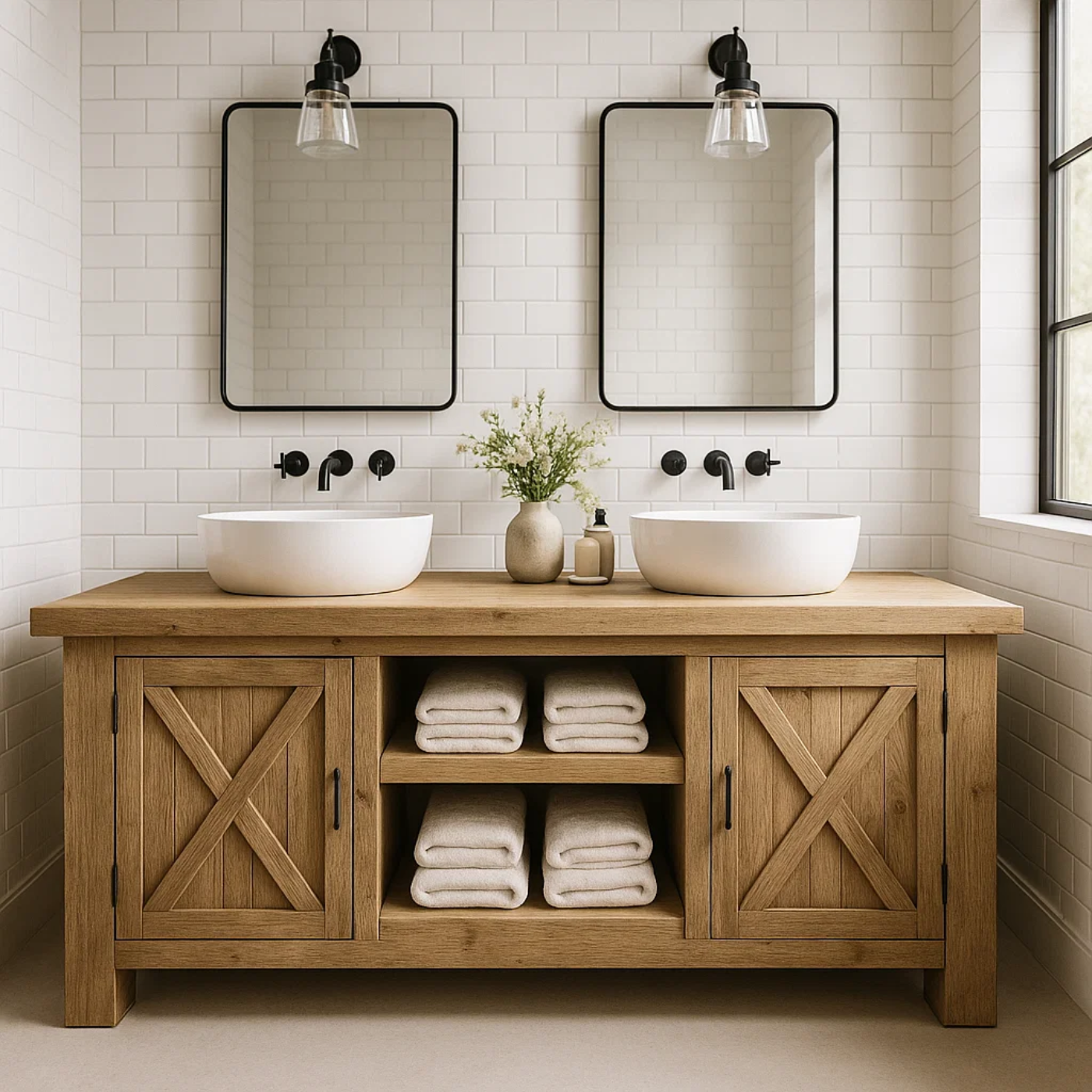 Solid Wood Double Bathroom Vanity Cabinet with Sliding Barn-Style Doors and Open Center Shelving