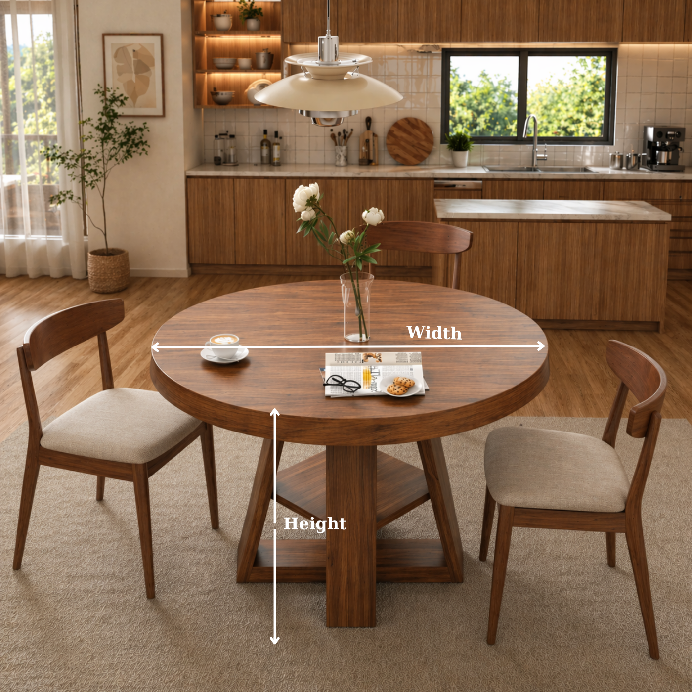 Round Solid Wood Dining Table – Pedestal Table for Modern Kitchen