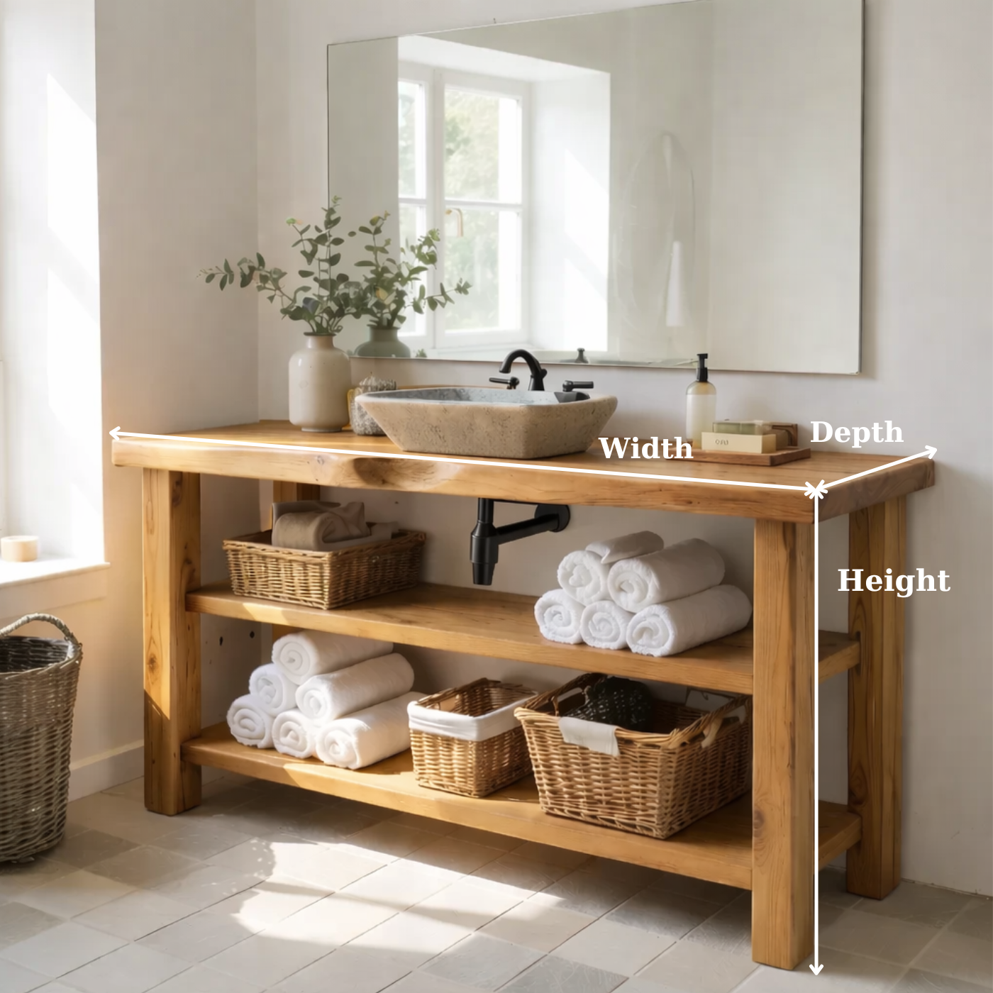 Solid Wood Console Bathroom Vanity with Open Shelves – Rustic Farmhouse Single Sink Vanity