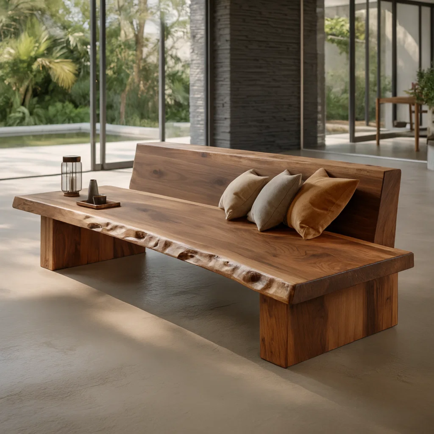 Rustic Solid Wood Sofa with Live Edge Design Natural Wooden Couch for Modern Living Room