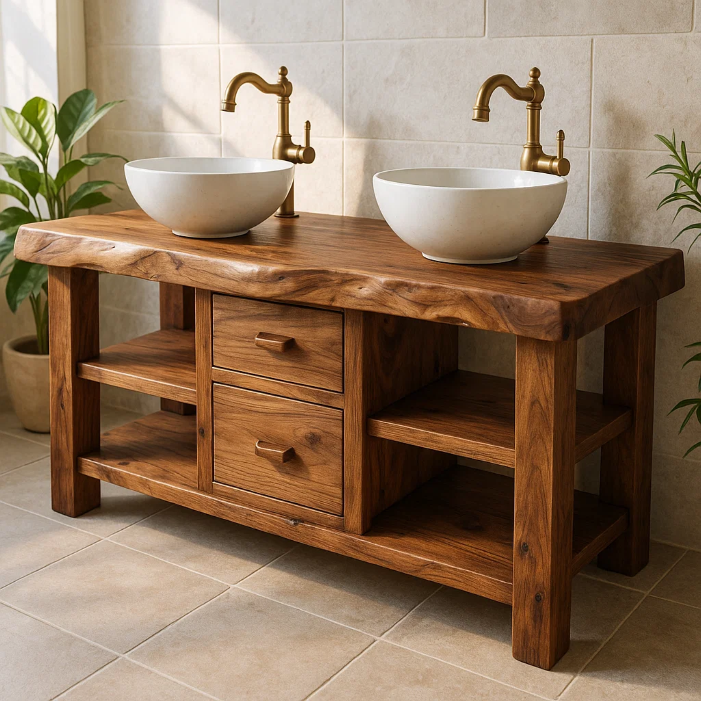 Solid Wood Double Bathroom Vanity with Open Shelving and Center Drawers