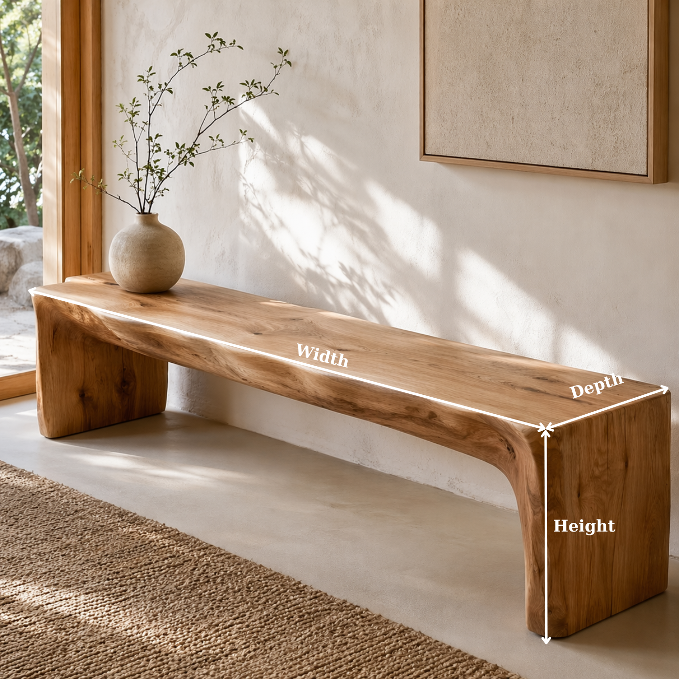 HandcraftedLive Edge Solid Wood Bench, Rustic Entryway Seat, Minimalist Organic Modern Furniture