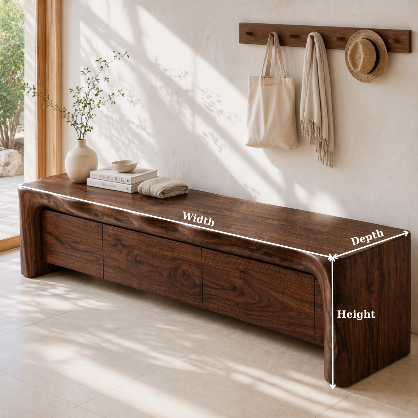 Live Edge Entryway Bench with Storage, Rustic Solid Wood Shoe Bench with Drawers