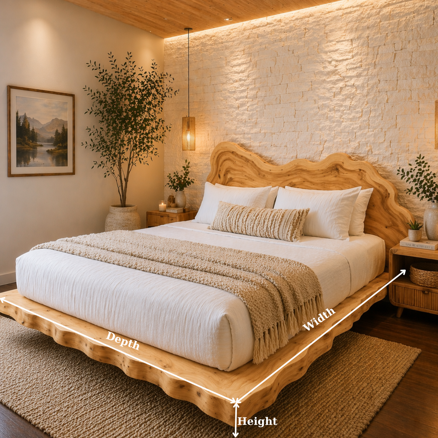 Live Edge Solid Wood Platform Bed Frame, Organic Wavy Headboard Furniture