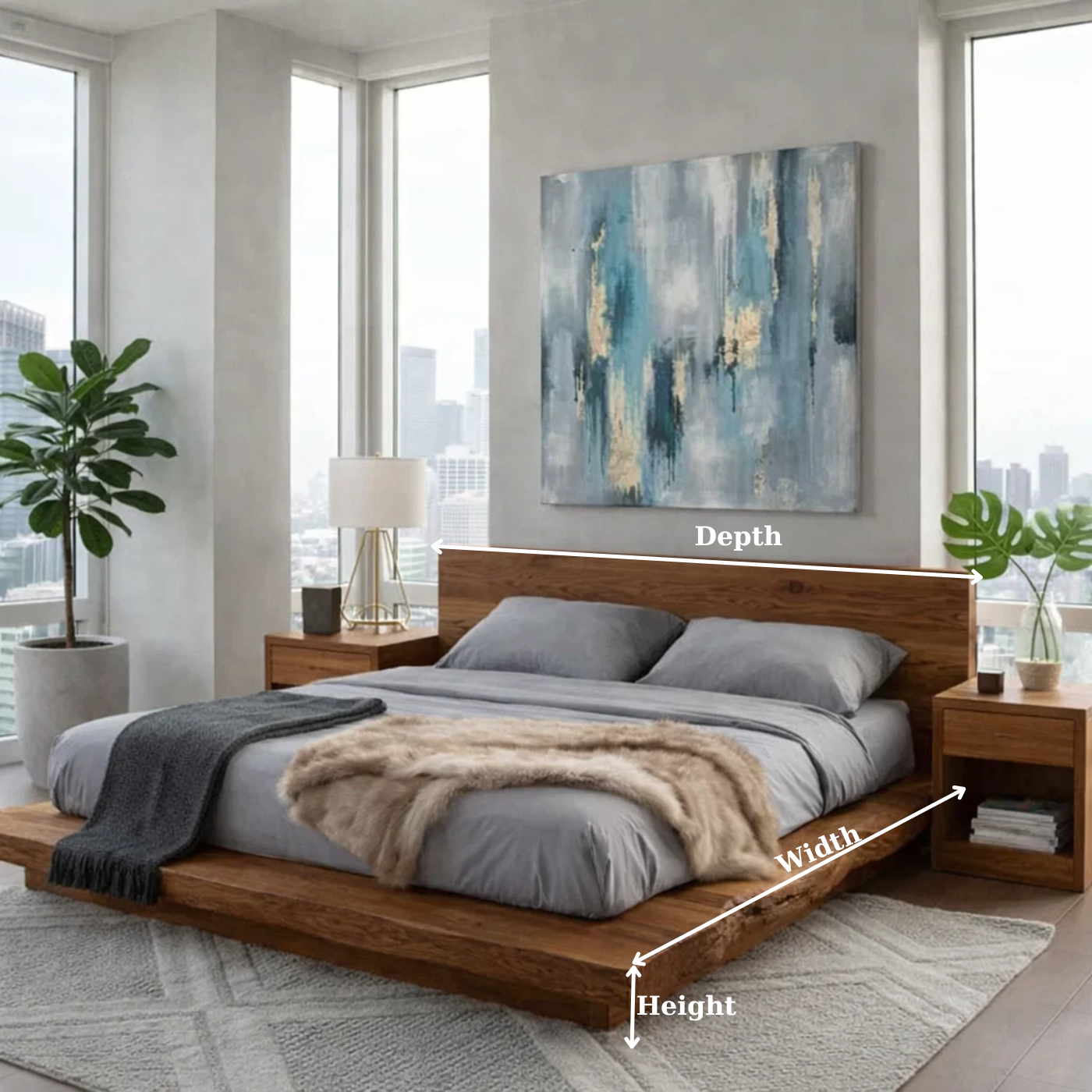 Handcrafted Live Edge Solid Wood Low Platform Bed with Minimalist Headboard