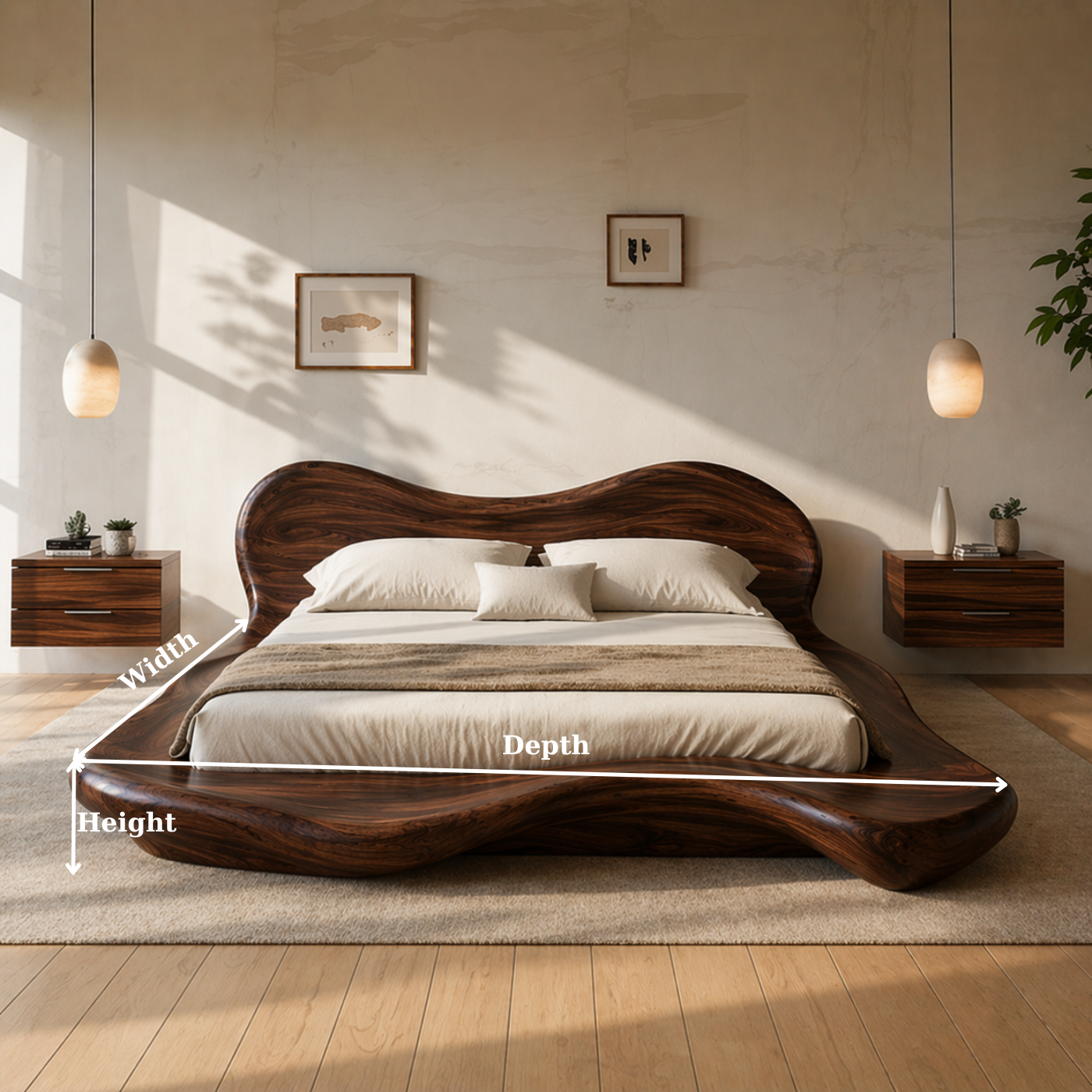 Handcrafted Solid Wood Sculptural Platform Bed, Organic Wavy Design Luxury Bed Frame
