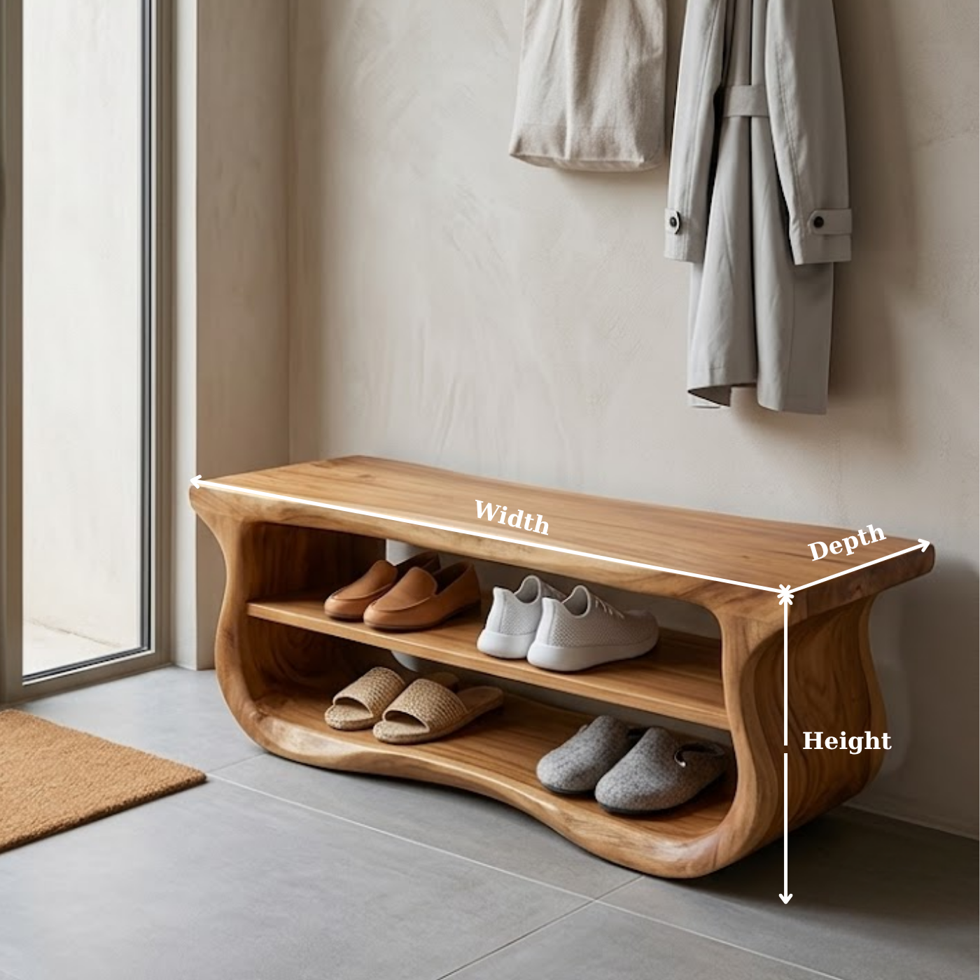 Solid Wood Entryway Bench with Shoe Storage, Organic Wavy Hallway Seating