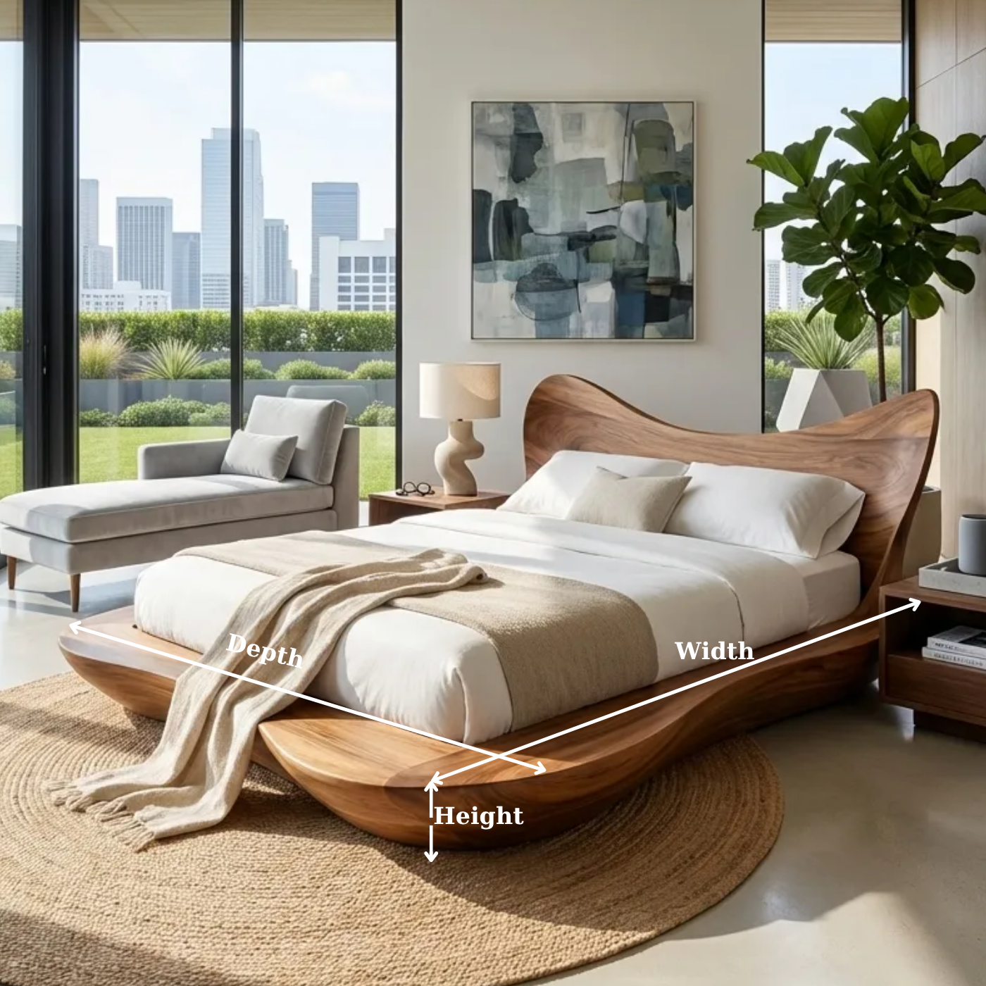 Handcrafted Solid Wood Sculptural Platform Bed, Organic Wavy Design Bed Frame