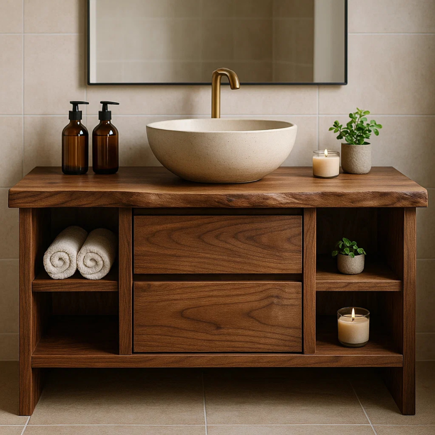 Solid Wood Bathroom Vanity with Open Shelving and Double Drawers
