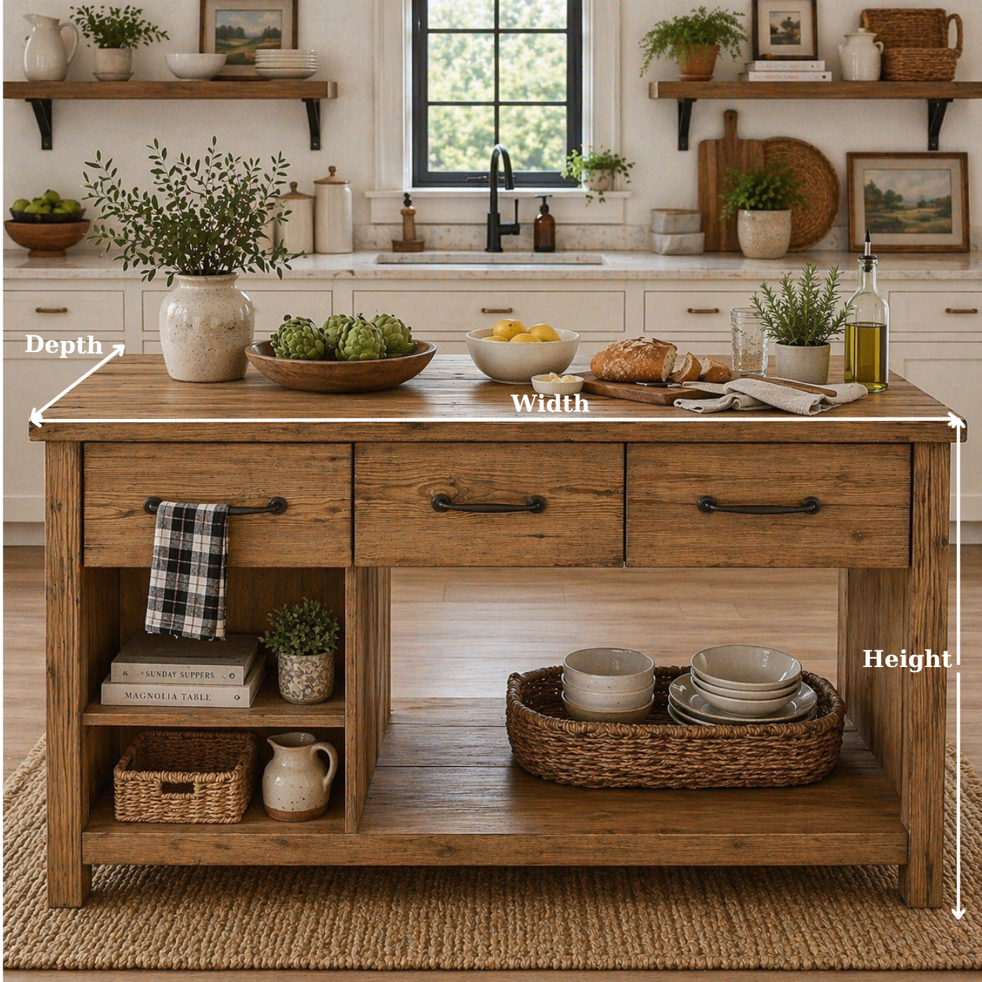 Solid Wood Kitchen Island with Drawers & Open Shelves – Rustic Farmhouse Kitchen Table, Large Wooden Prep Station