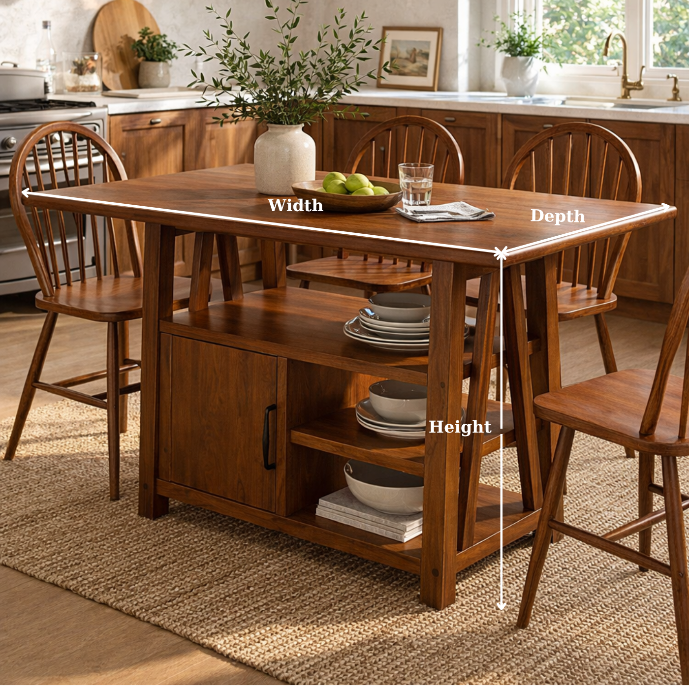 Solid Wood Dining Table with Storage Shelf – Rustic Walnut Kitchen Island Table, Wooden Dining Table with Cabinet