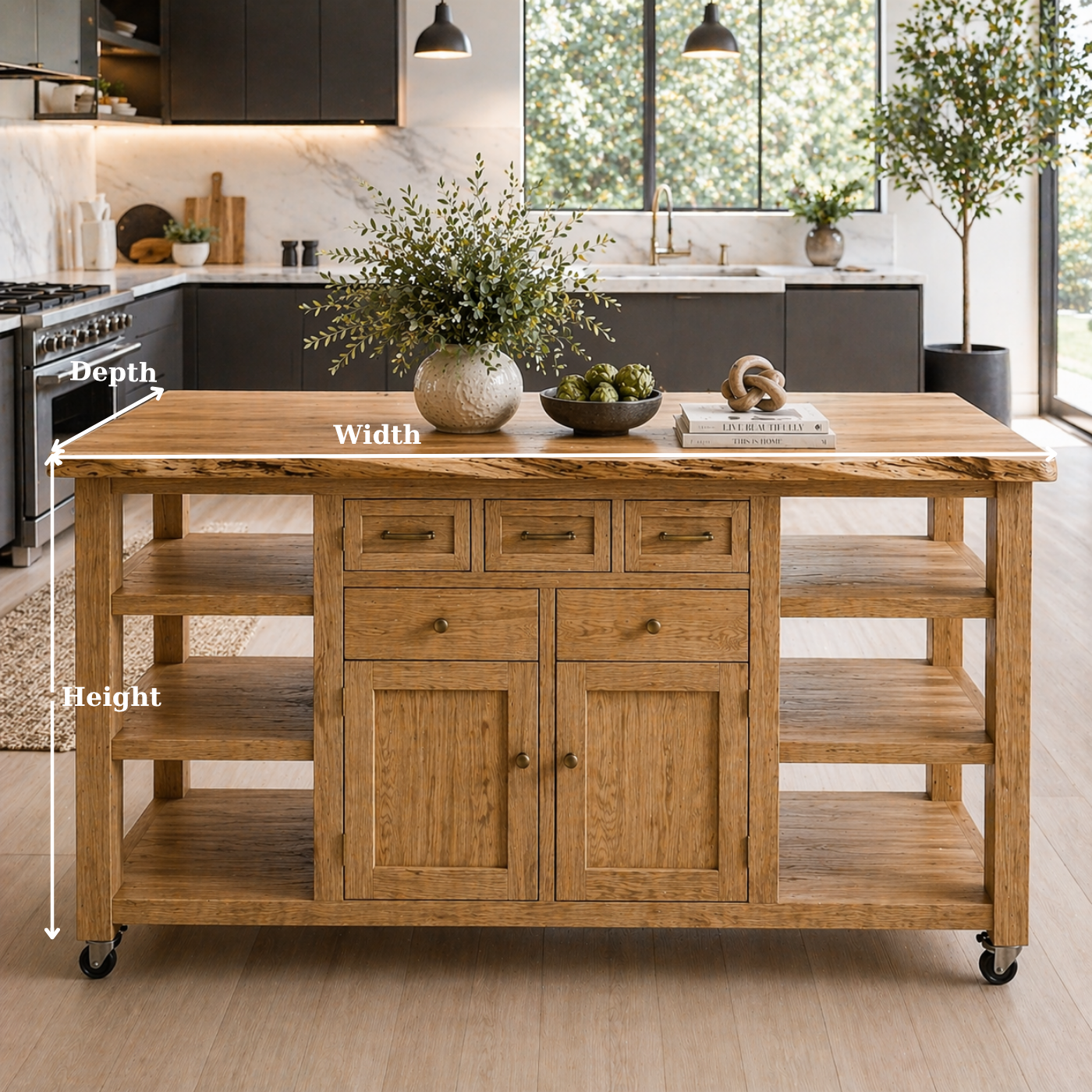 Solid Wood Kitchen Island with Storage & Shelves – Rustic Oak Kitchen Cart, Rolling Prep Table with Drawers & Cabinet