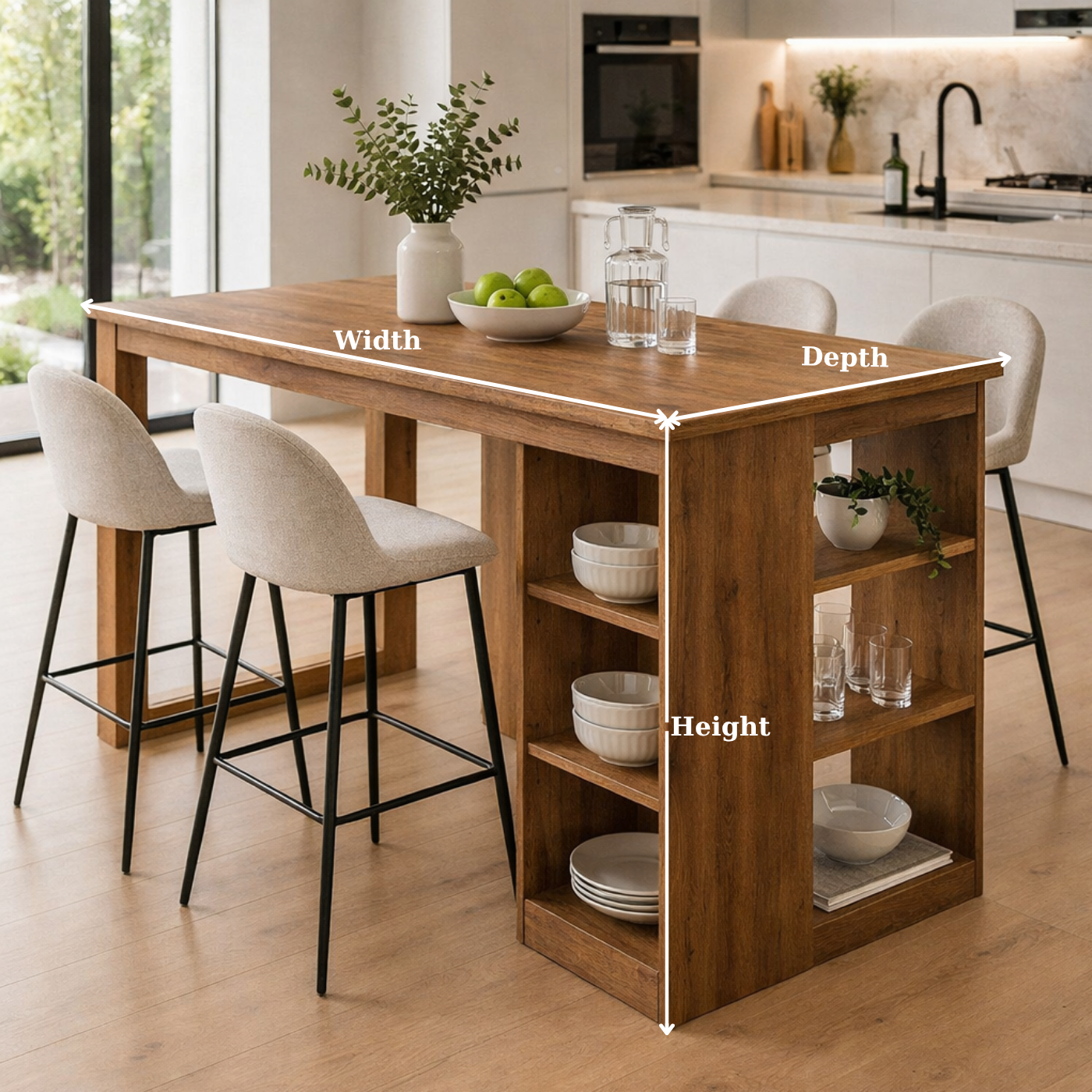 Solid Wood Kitchen Island with Open Shelves – Dining Island Table with Storage, Modern Rustic Kitchen Table