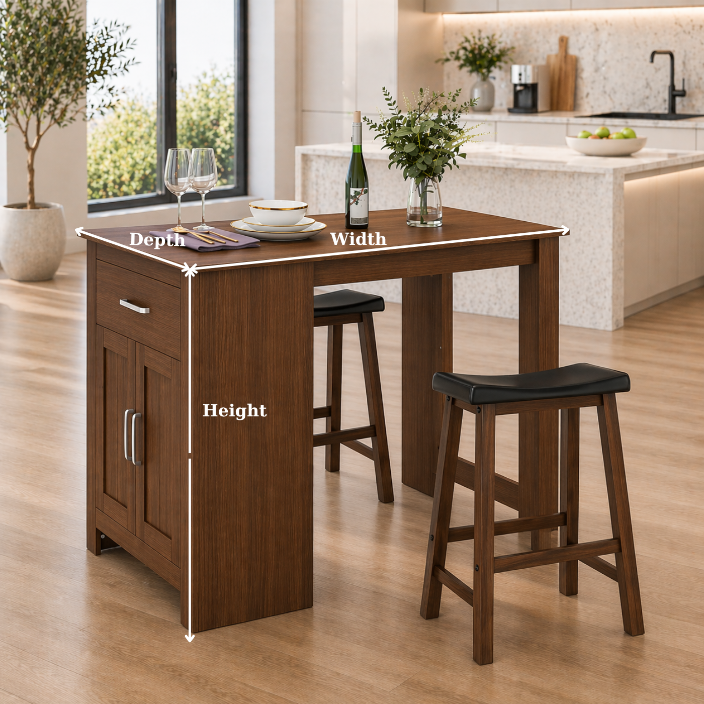 Solid Wood Kitchen Island Table with Cabinet – Walnut Dining Table with Storage, Compact Rustic Kitchen Island