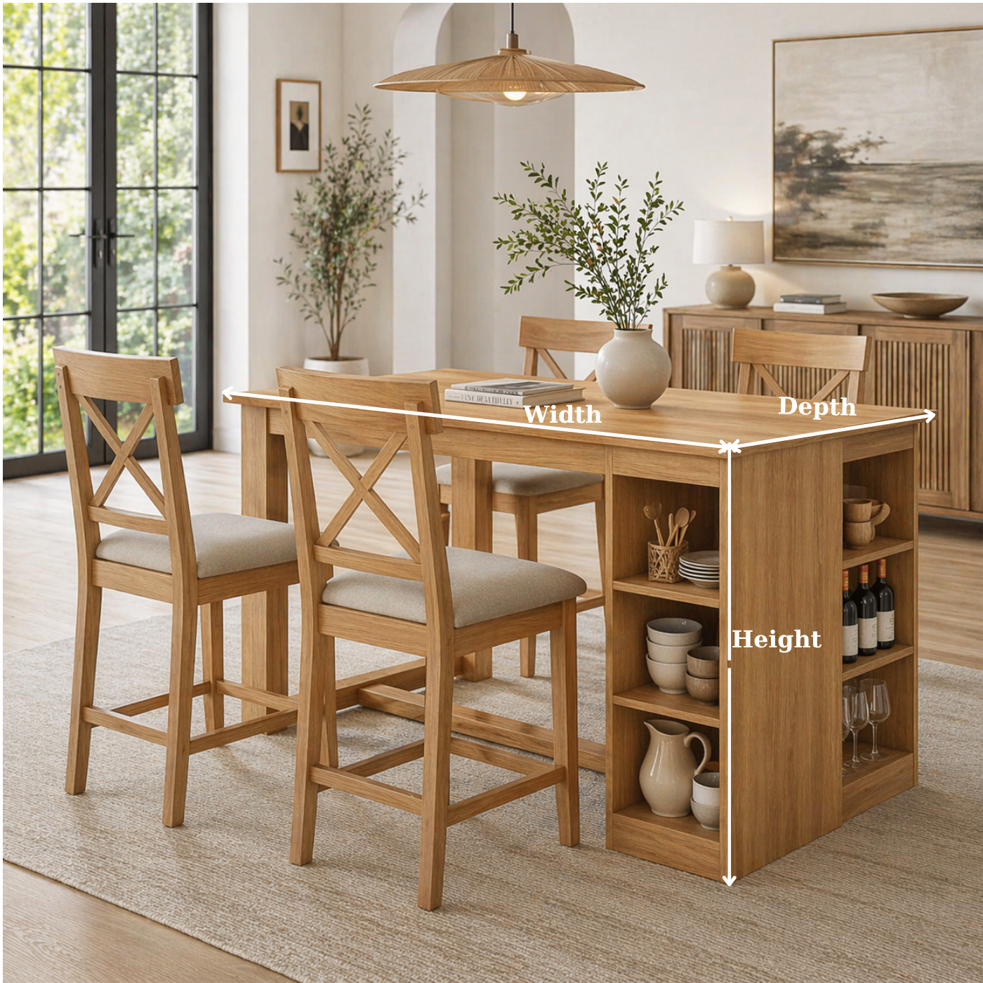 Solid Wood Dining Table with Storage Shelf – Oak Kitchen Island Table with Wine Rack, Modern Farmhouse Dining Table
