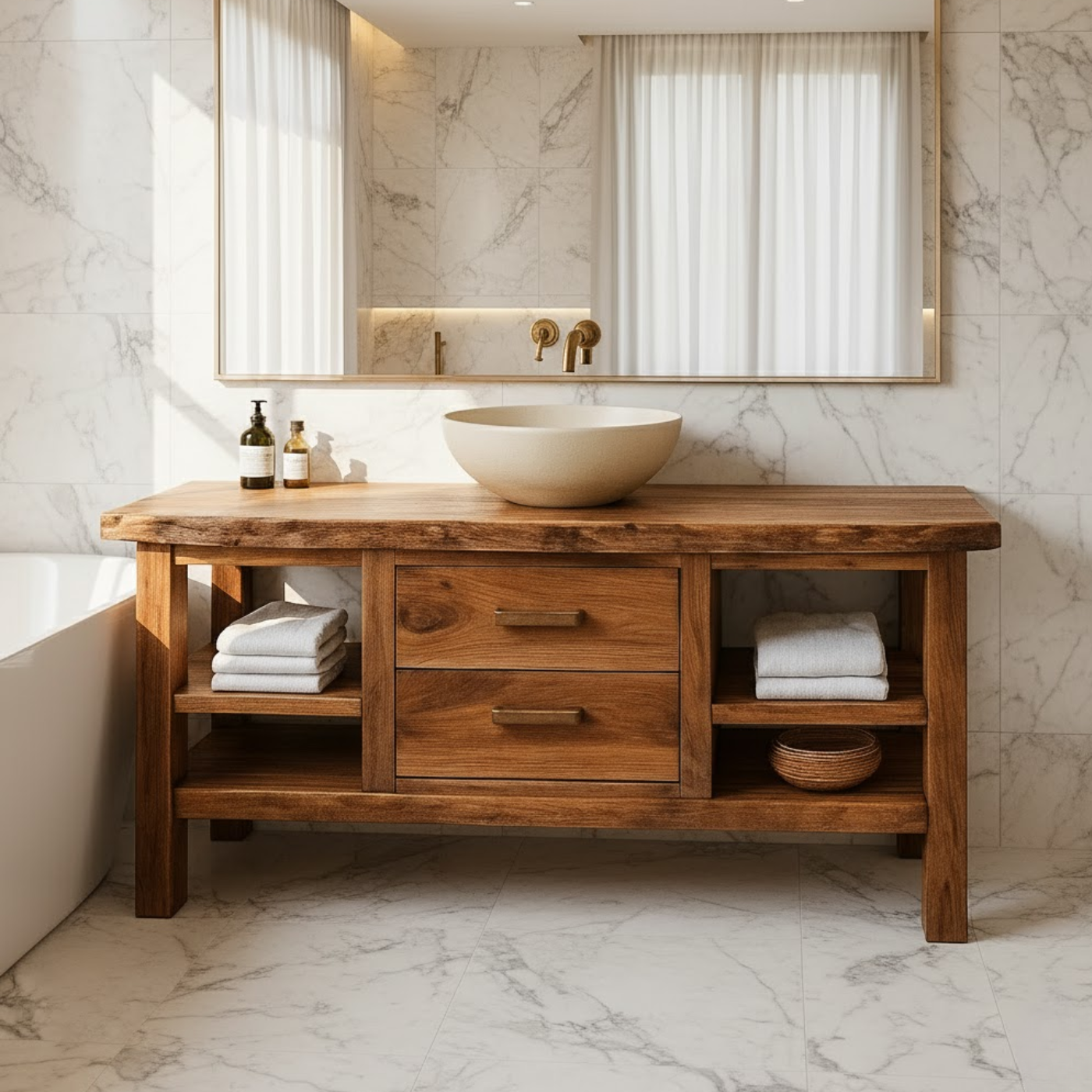 Solid Wood Bathroom Vanity with Center Drawers and Open Side Shelves for Contemporary Bathrooms