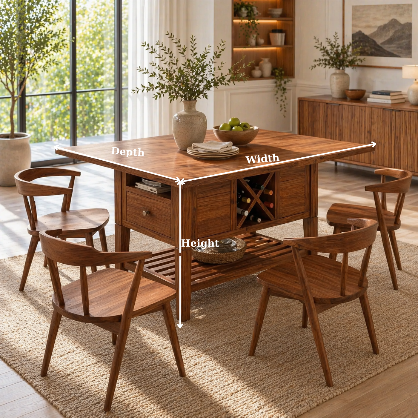 Solid Wood Kitchen Island with Storage Shelf and Wine Rack – Modern Farmhouse Prep Table