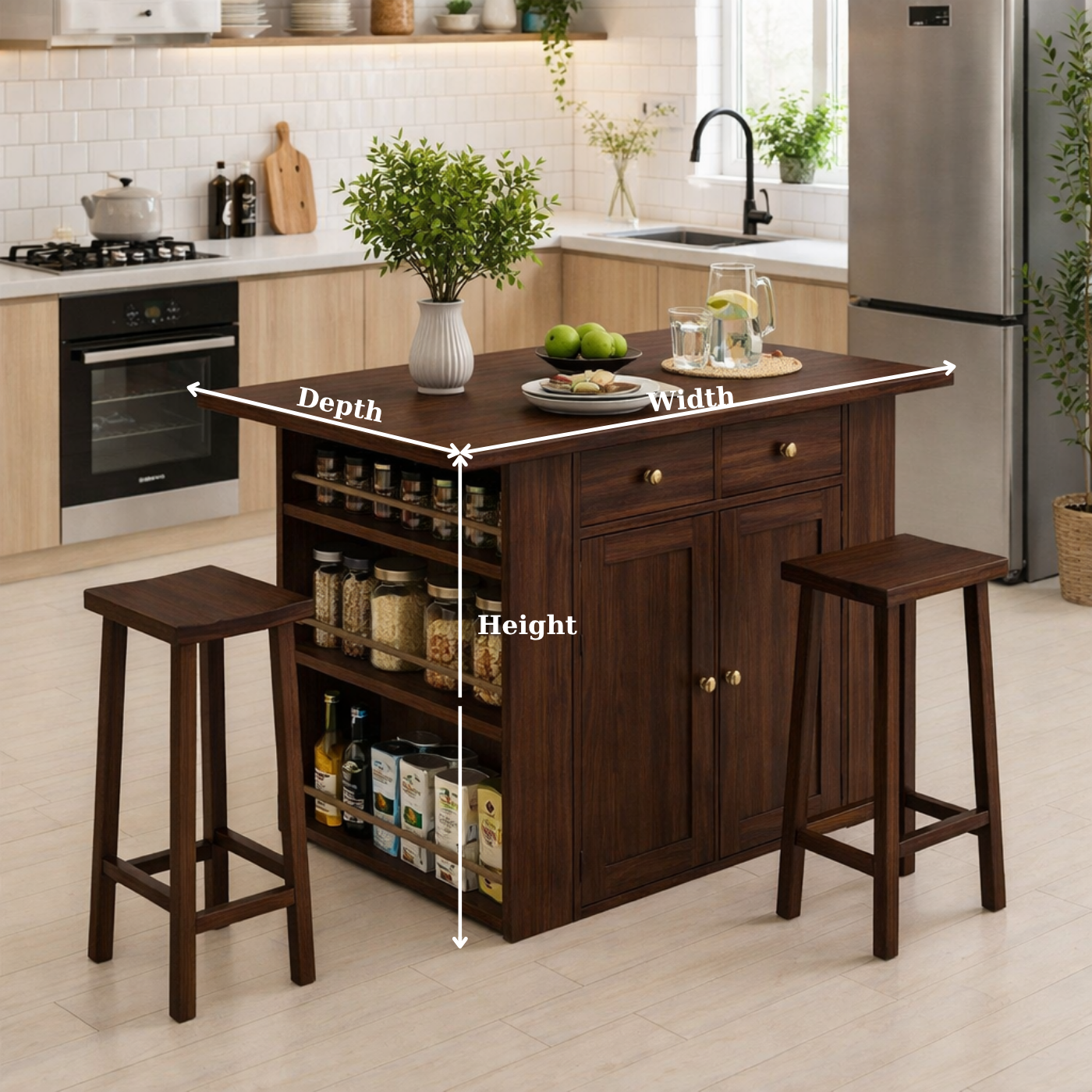 Solid Wood Kitchen Island with Spice Rack & Storage – Kitchen Table with Cabinets, Compact Dining Island