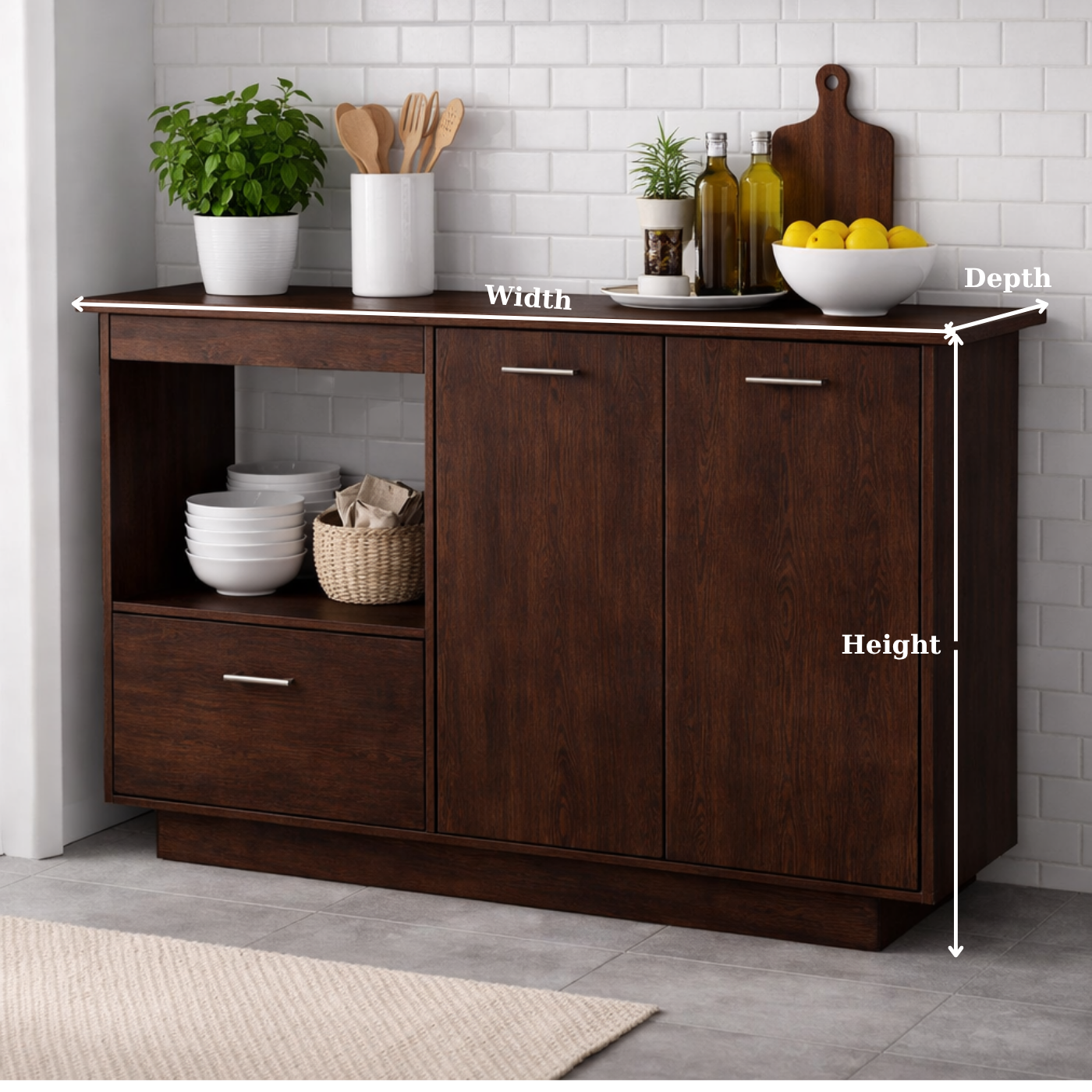 Solid Wood Kitchen Sideboard Cabinet – Walnut Storage Buffet with Drawer & Open Shelf