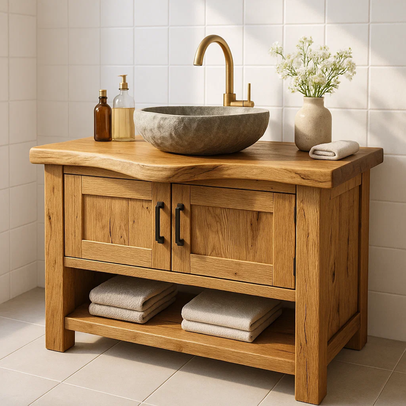 Solid Wood Bathroom Vanity with Double Cabinet Doors and Open Shelf for Organic Modern Bathrooms