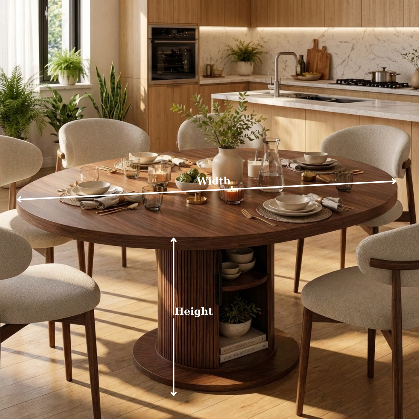 Round Solid Wood Dining Table – Walnut Pedestal Table with Storage Base