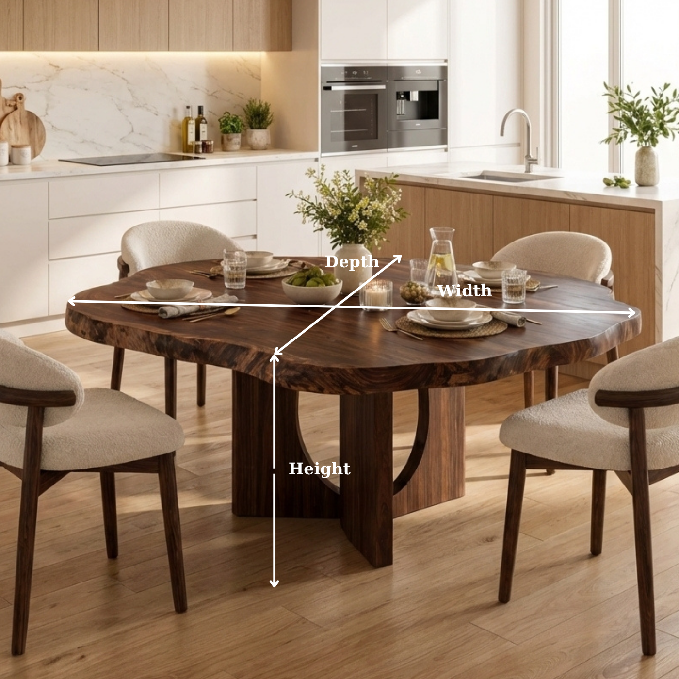 Live Edge Round Solid Wood Dining Table, Sculptural Pedestal Base