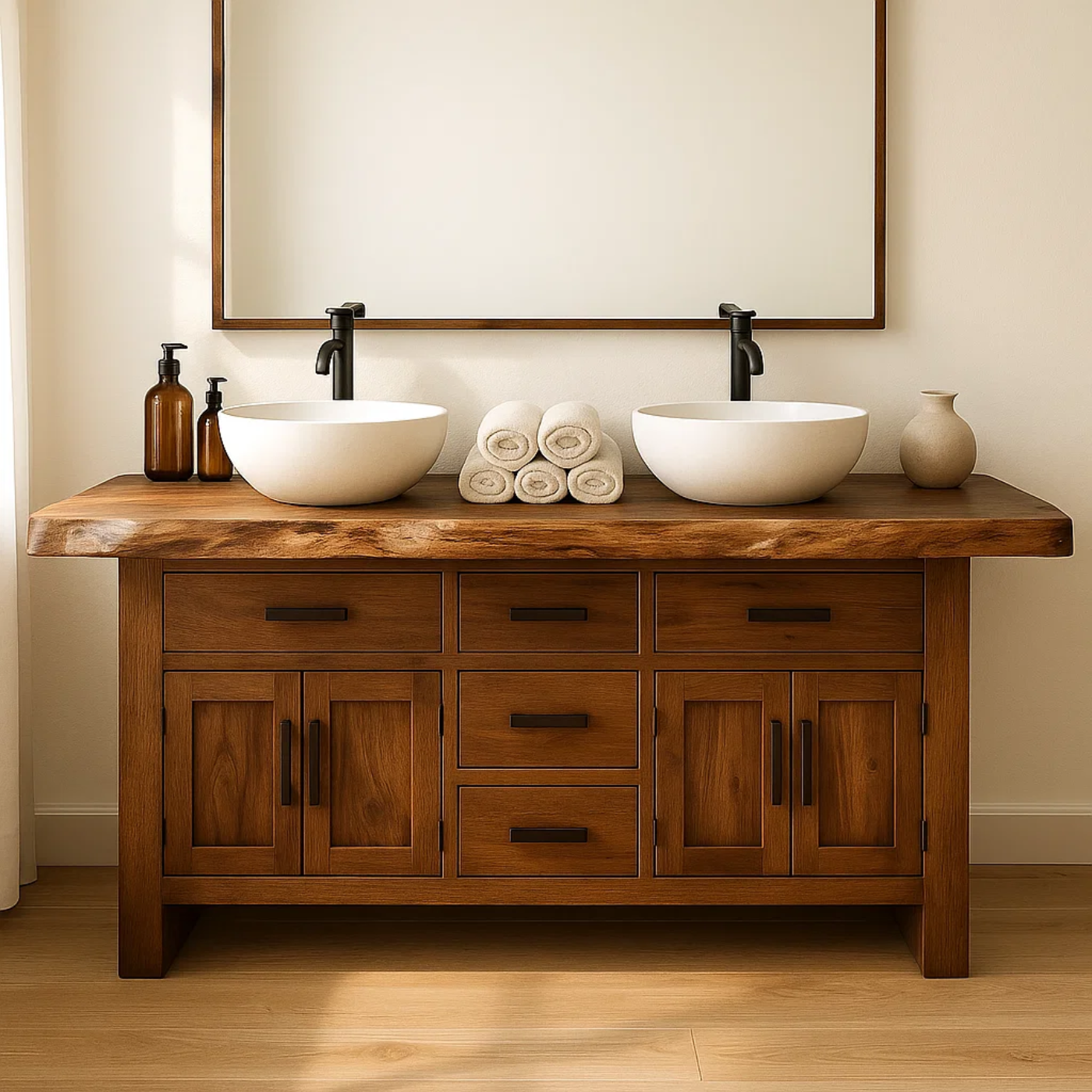 Solid Wood Double Bathroom Vanity with Five Drawers and Dual Cabinet Doors for Master Bathrooms