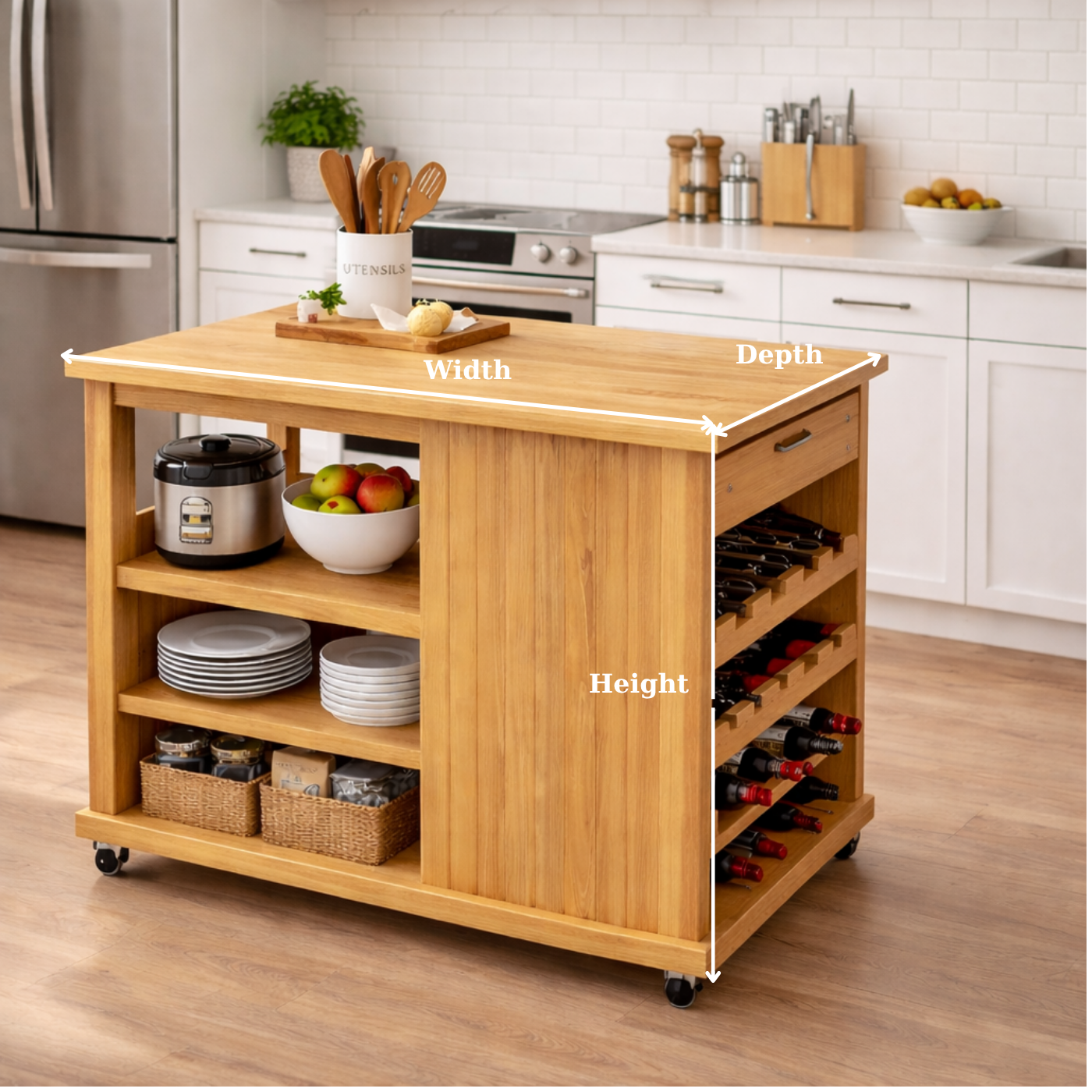 Solid Wood Kitchen Island Cart with Storage – Oak Prep Table with Wine Rack