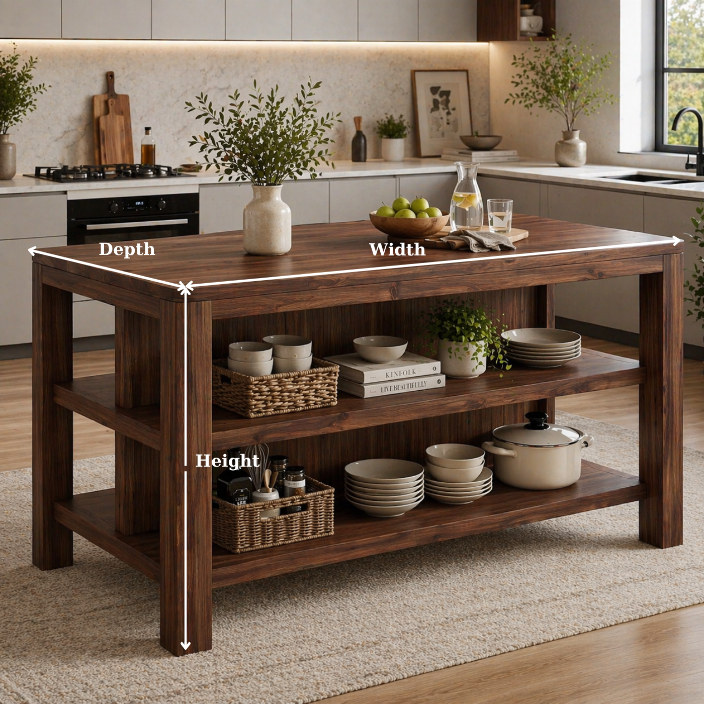 Solid Wood Kitchen Island with Open Shelves – Natural Oak Prep Table for Modern Kitchen