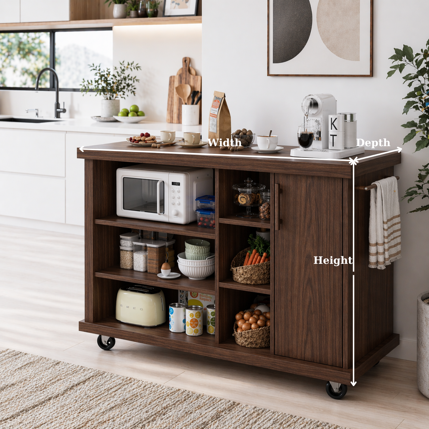 Rolling Kitchen Island with Open Storage & Cabinet – Walnut Microwave Cart with Shelves and Towel Bar