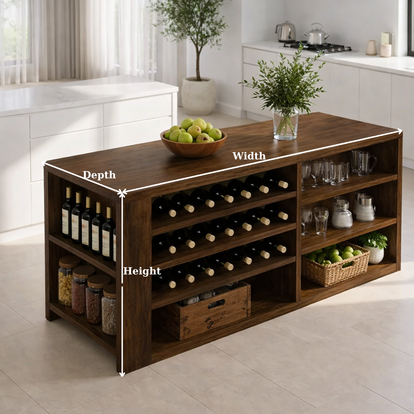 Solid Wood Kitchen Island with Wine Rack & Storage Shelves