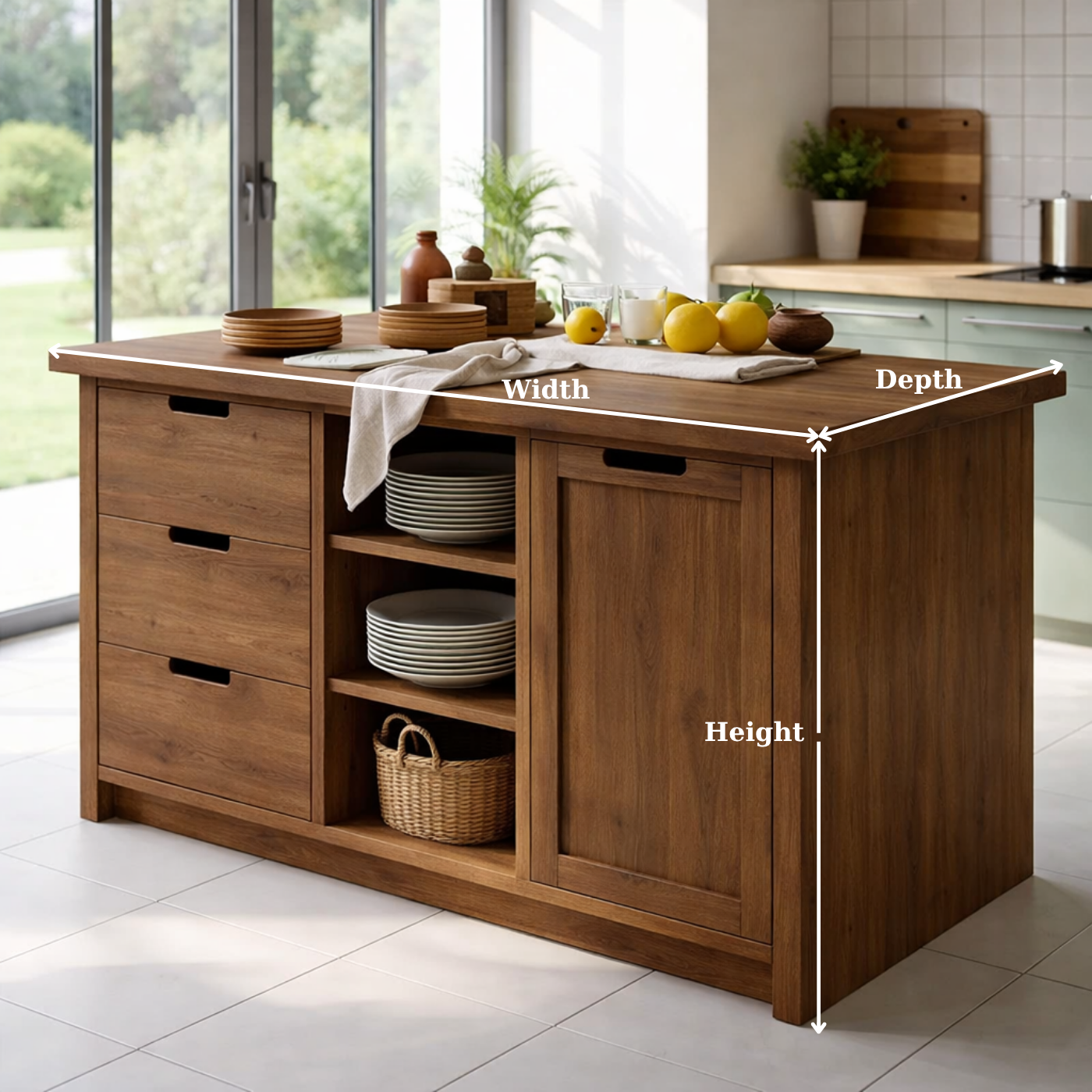 Solid Wood Kitchen Island with Drawers & Open Shelves – Modern Storage Table