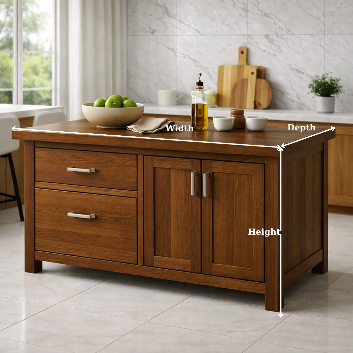Solid Wood Kitchen Island with Drawers & Cabinet – Modern Kitchen Storage Table