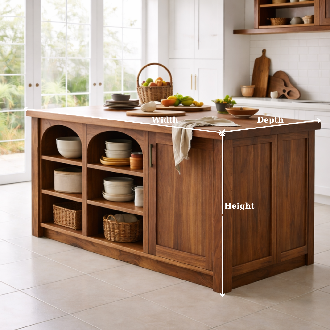 Solid Wood Kitchen Island with Arched Open Shelves – Walnut Farmhouse Storage Table