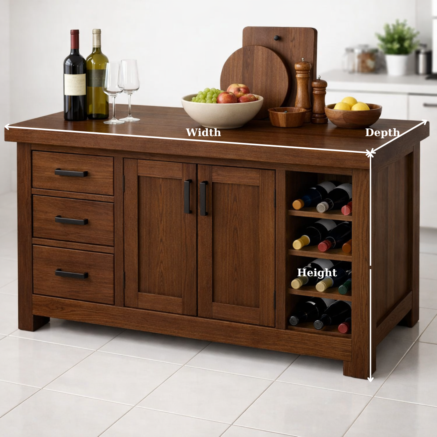 Solid Wood Kitchen Island with Wine Rack & Storage Drawers – Kitchen Storage Cabinet