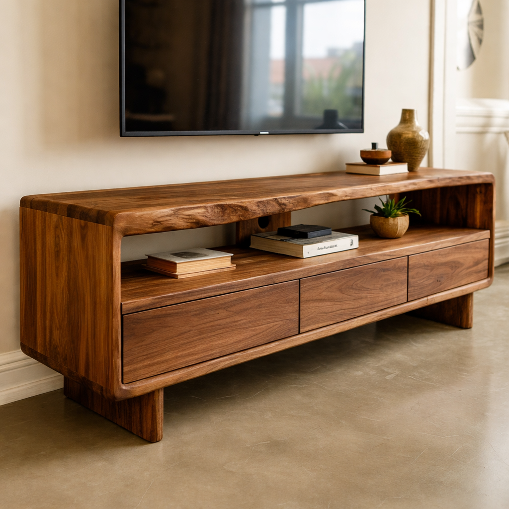 Mid Century Modern Solid Wood TV Stand – Walnut Media Console with Storage Drawers
