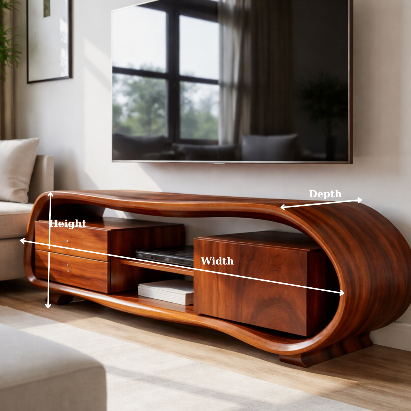 Solid Wood Curved TV Stand – Sculptural Media Console with Organic Design