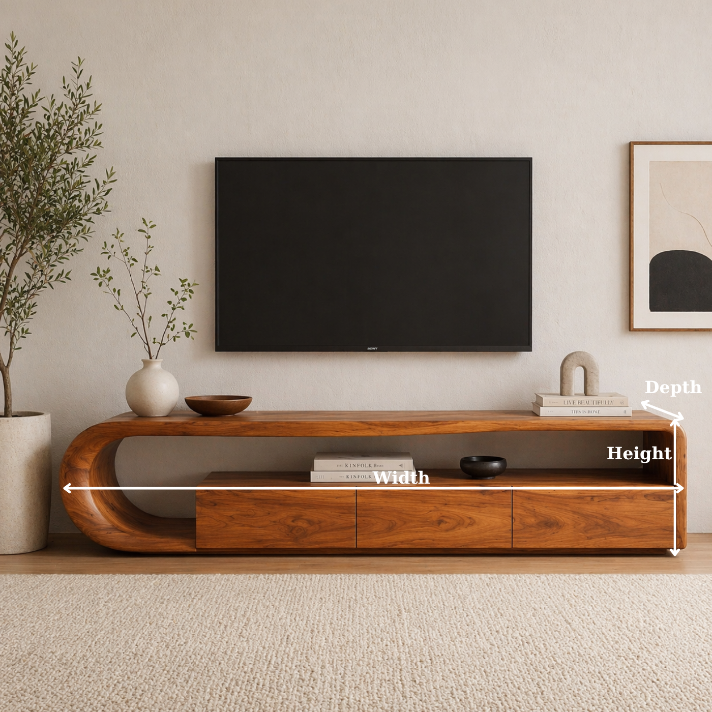 Solid Wood TV Stand with Curved Base – Modern Low Profile Media Console with Storage