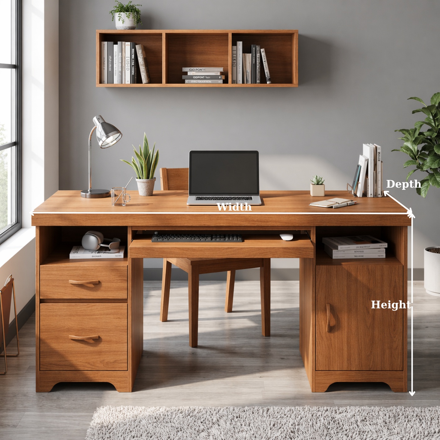 Solid Wood Writing Desk with Storage – Modern Home Office Desk with Drawers and Shelves