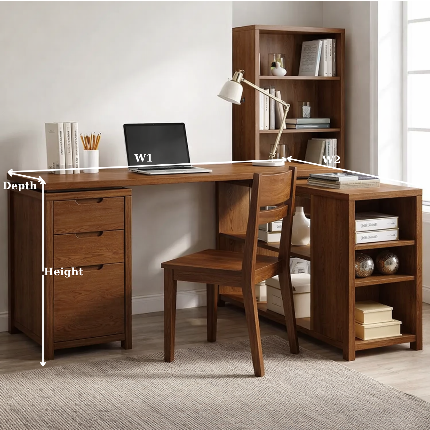 Solid Wood L-Shaped Desk with Storage – Corner Home Office Desk with Shelves and Drawers