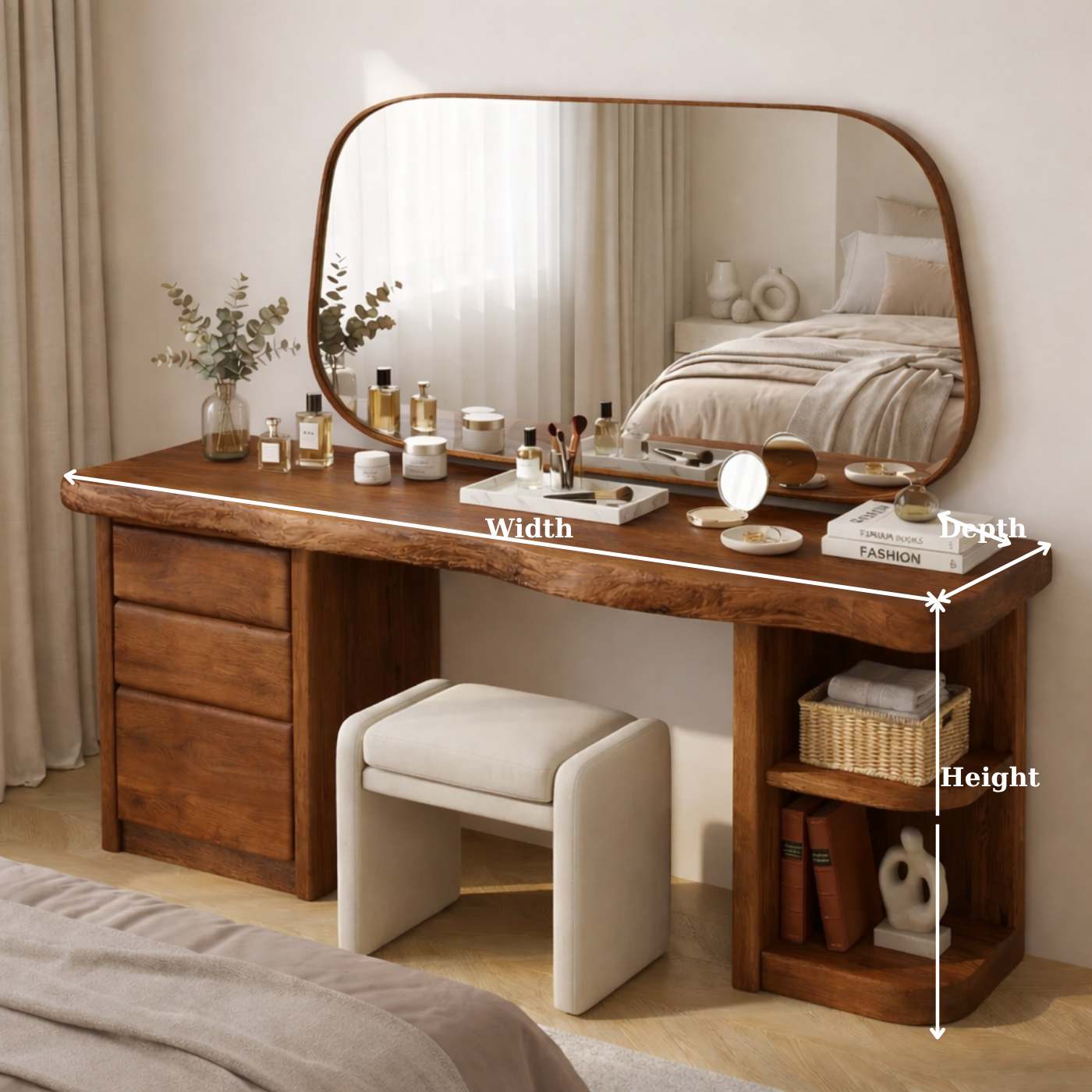 Solid Wood Makeup Vanity Desk with Live Edge Top, 3 Drawers and Open Side Shelves