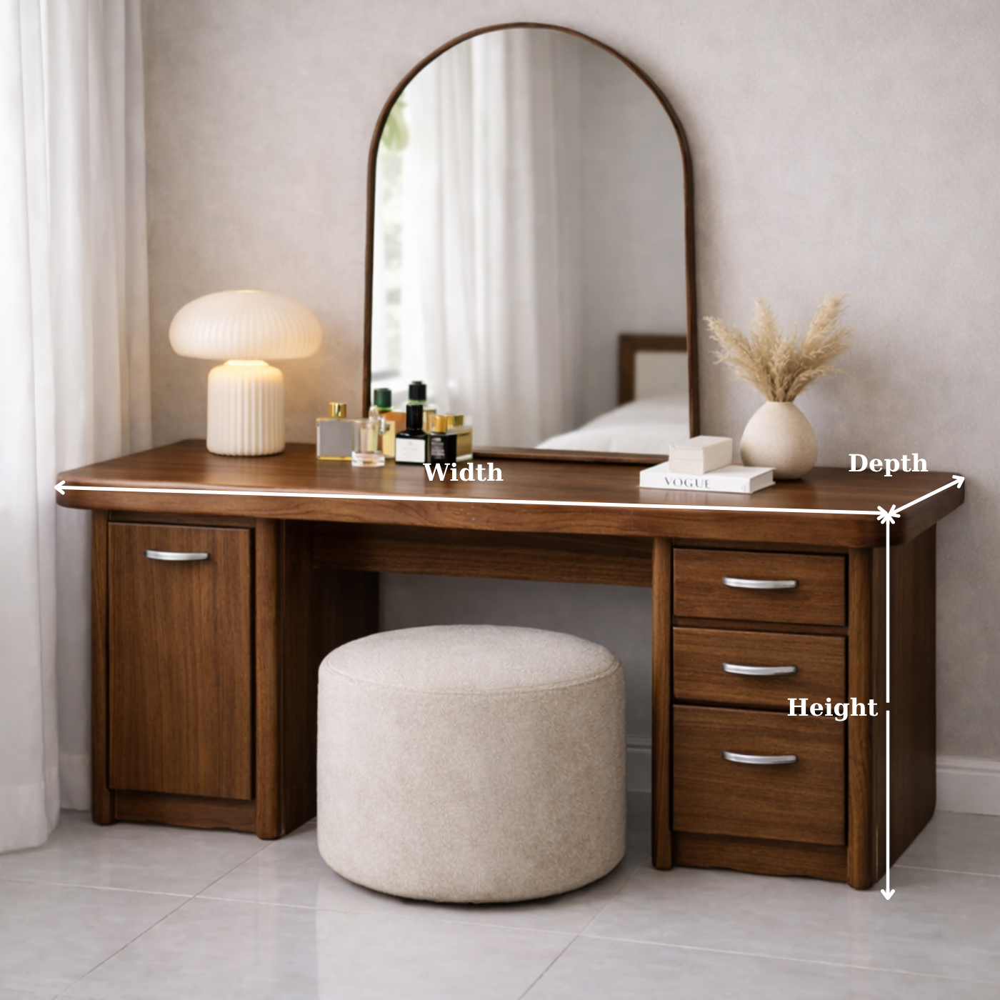 Solid Wood Makeup Vanity Desk with Side Cabinet and 3 Drawers, Modern Wooden Dressing Table