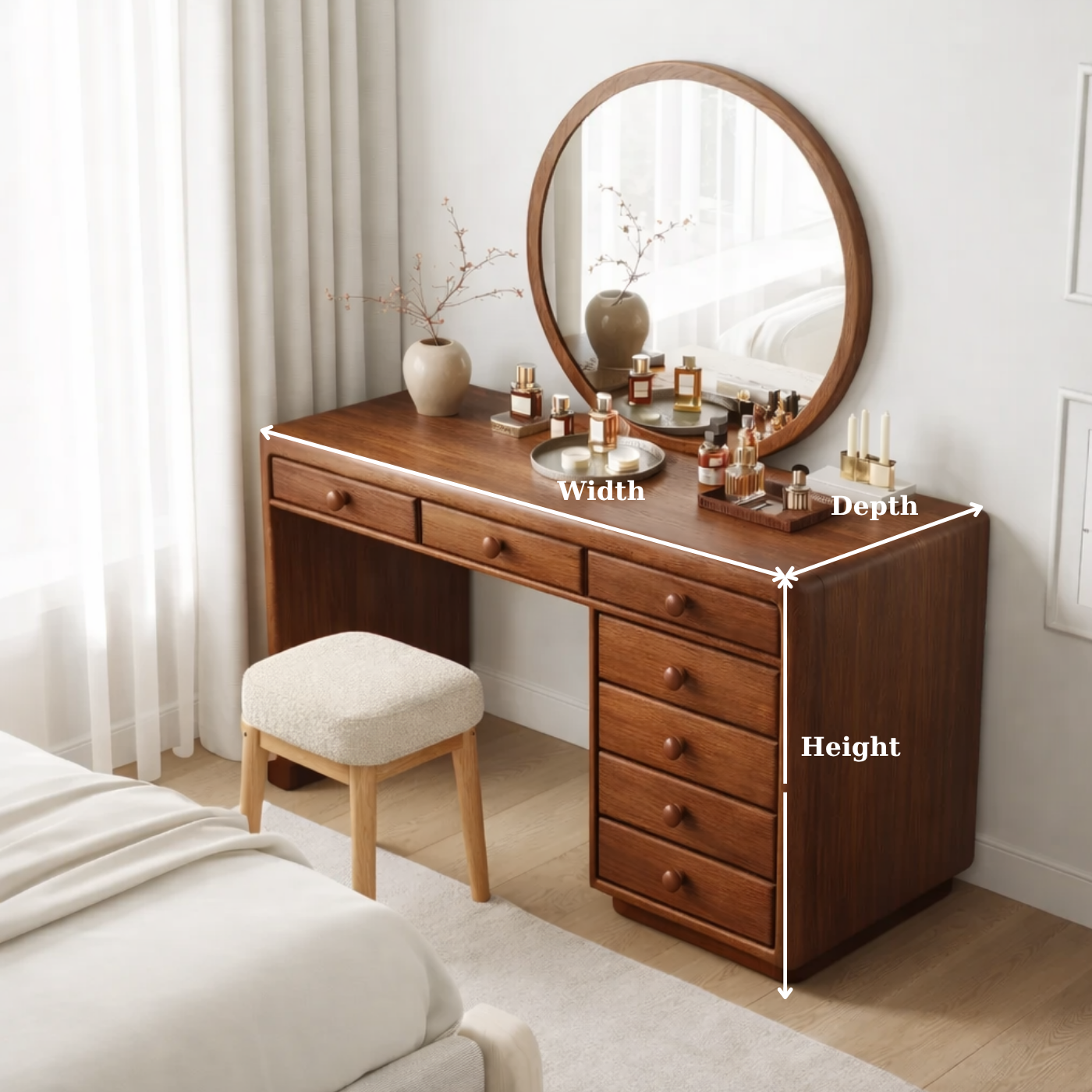 Solid Wood Makeup Vanity Desk with 7 Drawers, Modern Wooden Dressing Table with Rounded Edges