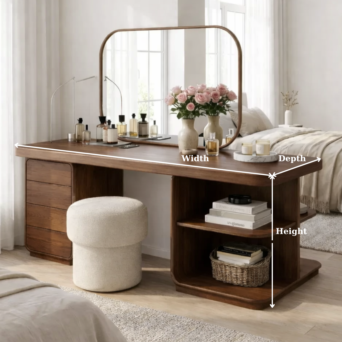 Solid Wood Makeup Vanity Desk with Side Open Shelves and Storage Drawers