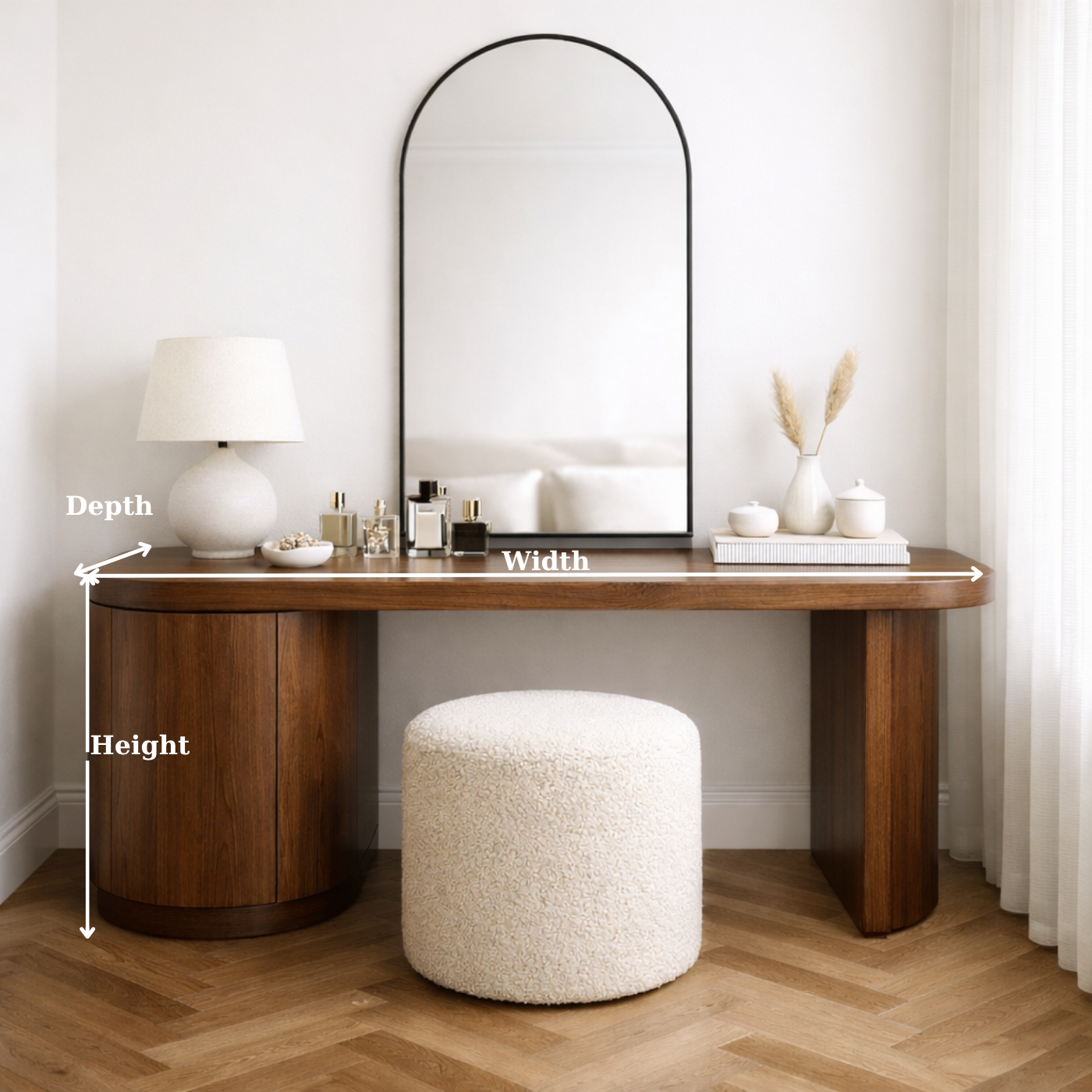 Solid Wood Makeup Vanity Desk with Curved Side Cabinet and Rounded Leg