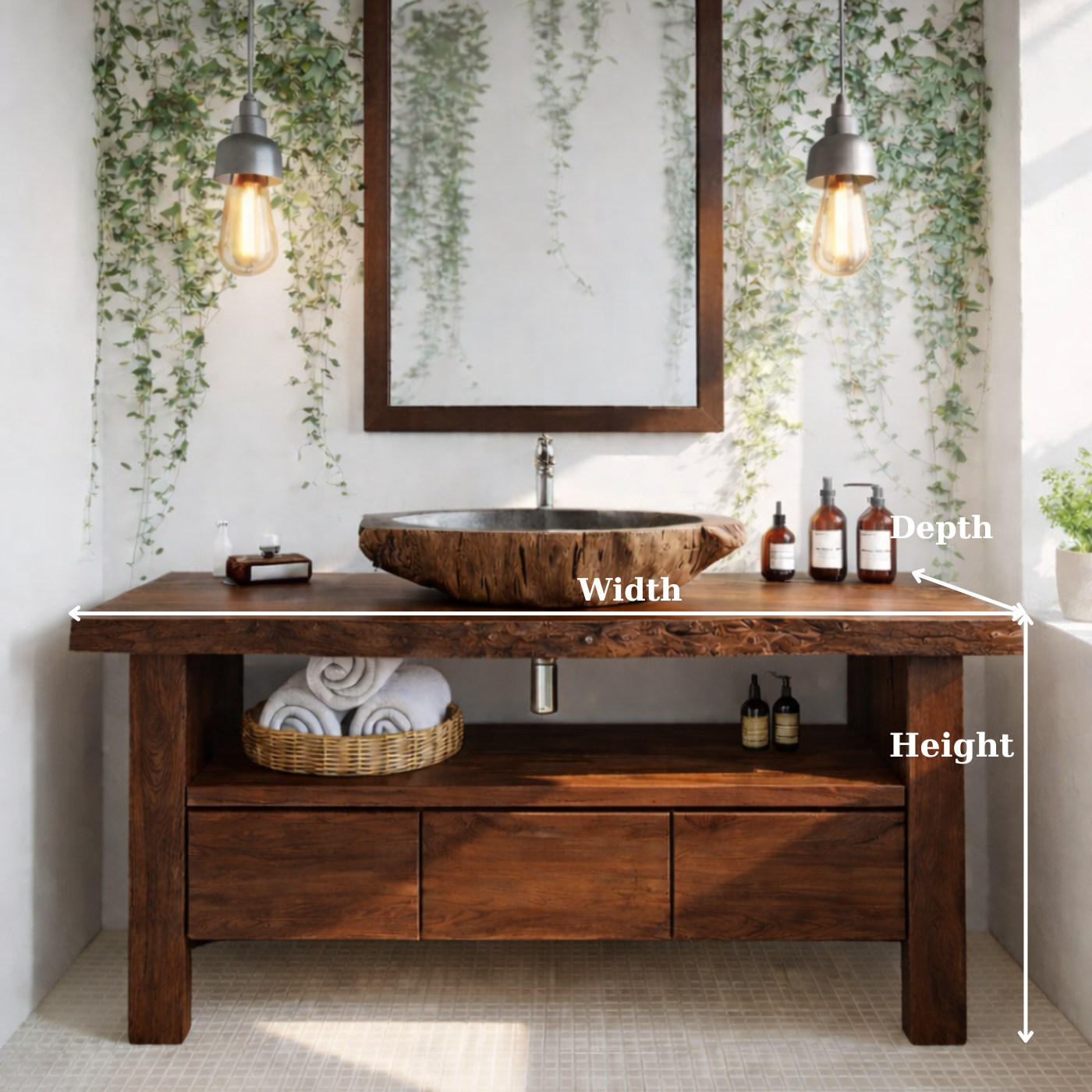 Live Edge Solid Wood Bathroom Vanity with Drawers and Open Shelf – Rustic Natural Wood Bathroom Vanity